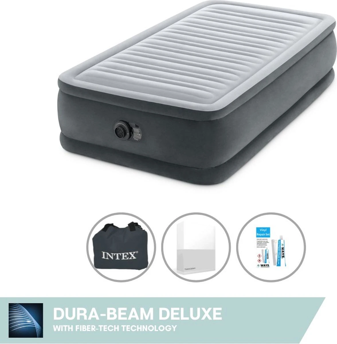 Intex Luchtbed - 1-Persoons - 99 X 191 X 46 Cm - Grijs - Met Ingebouwde Pomp, Hoeslaken Wit En Reparatieset 3 Intex Luchtbed - 1-Persoons - 99 X 191 X 46 Cm - Grijs - Met Ingebouwde Pomp, Hoeslaken Wit En Reparatieset