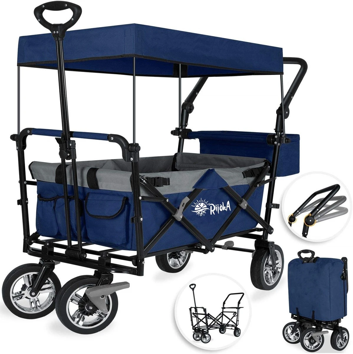 Rijoka Luxe Opvouwbare Bolderkar/Bolderwagen | Met Dakje En Draagtas | Marine Blauw 5 Rijoka Luxe Opvouwbare Bolderkar/Bolderwagen | Met Dakje En Draagtas | Marine Blauw - Afbeelding 3
