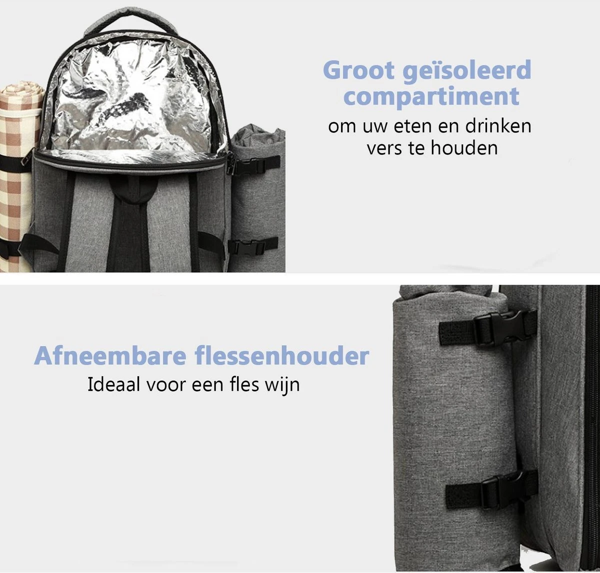 Kono Koeltas - Koelrugzak - Picknick - Picknicktas Met Flessenhouder - Koelrugtas Met Picknickkleed - Grijs (E6915 GY) 5 Kono Koeltas - Koelrugzak - Picknick - Picknicktas Met Flessenhouder - Koelrugtas Met Picknickkleed - Grijs (E6915 GY) - Afbeelding 3