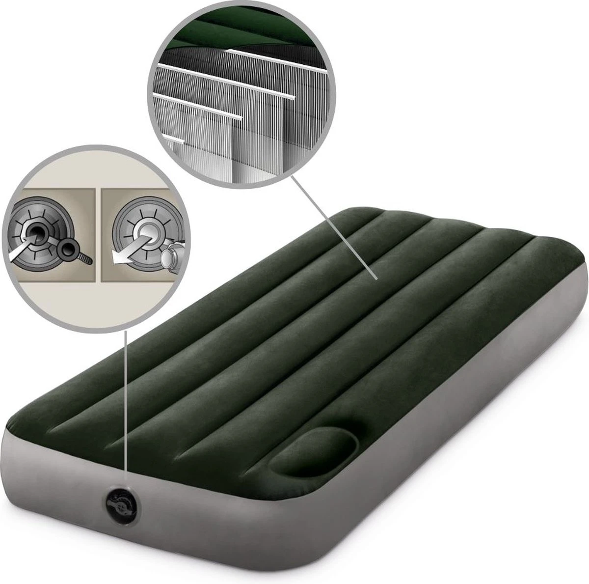 Intex Luchtbed - 1-Persoons - 76 X 191 X 25 Cm - Groen - Met Ingebouwde Voetpomp + Hoeslaken Antraciet + Reparatieset 9 Intex Luchtbed - 1-Persoons - 76 X 191 X 25 Cm - Groen - Met Ingebouwde Voetpomp + Hoeslaken Antraciet + Reparatieset - Afbeelding 7