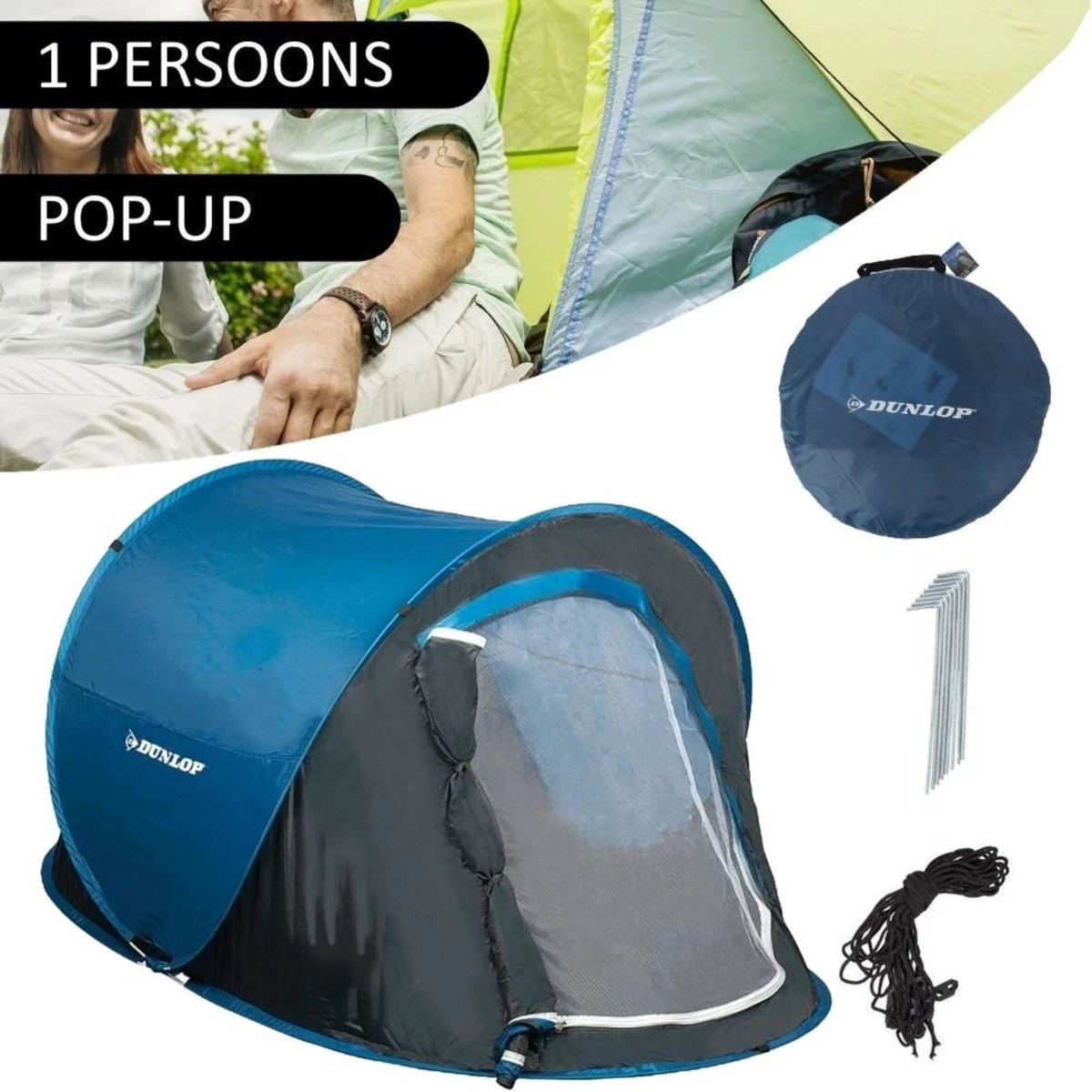 Dunlop Pop Up Tent 220 X 120 X 90 Cm - Grijs/ Blauw - 1 Persoons 9 Dunlop Pop Up Tent 220 X 120 X 90 Cm - Grijs/ Blauw - 1 Persoons - Afbeelding 7