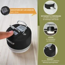 Skandika Campinglamp Tarfala – Tentlampen – Campinglampen – Kampeerlamp – Tentlamp Oplaadbaar, Traploos Dimbaar, Ophanghaak, USB Aansluiting – 3600 MAh Powerbank – Warm Wit, Koel Wit, 110 H Batterij – Tentlamp Buiten – Energieklasse A ++ - Zwart -Winkel Voor Kampeerartikelen 1200x1200 1380