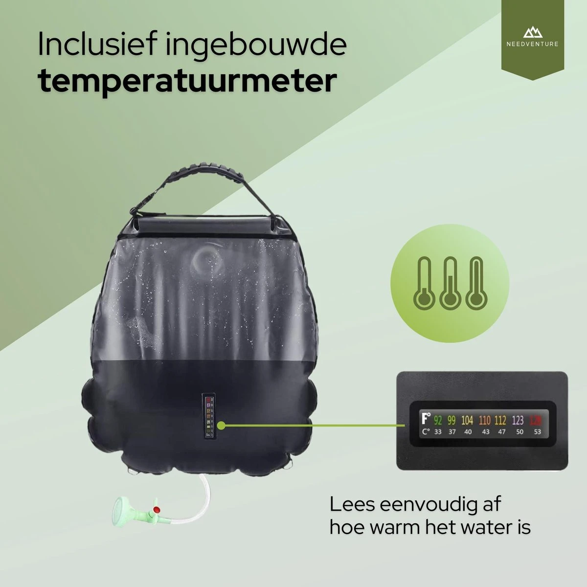 Needventure Solar Douche - Camping Douchezak - Buiten Douche - Tuindouche - Inclusief Thermometer - Waterzak Met Douchekop - 20L - Zwart 4 Needventure Solar Douche - Camping Douchezak - Buiten Douche - Tuindouche - Inclusief Thermometer - Waterzak Met Douchekop - 20L - Zwart - Afbeelding 2