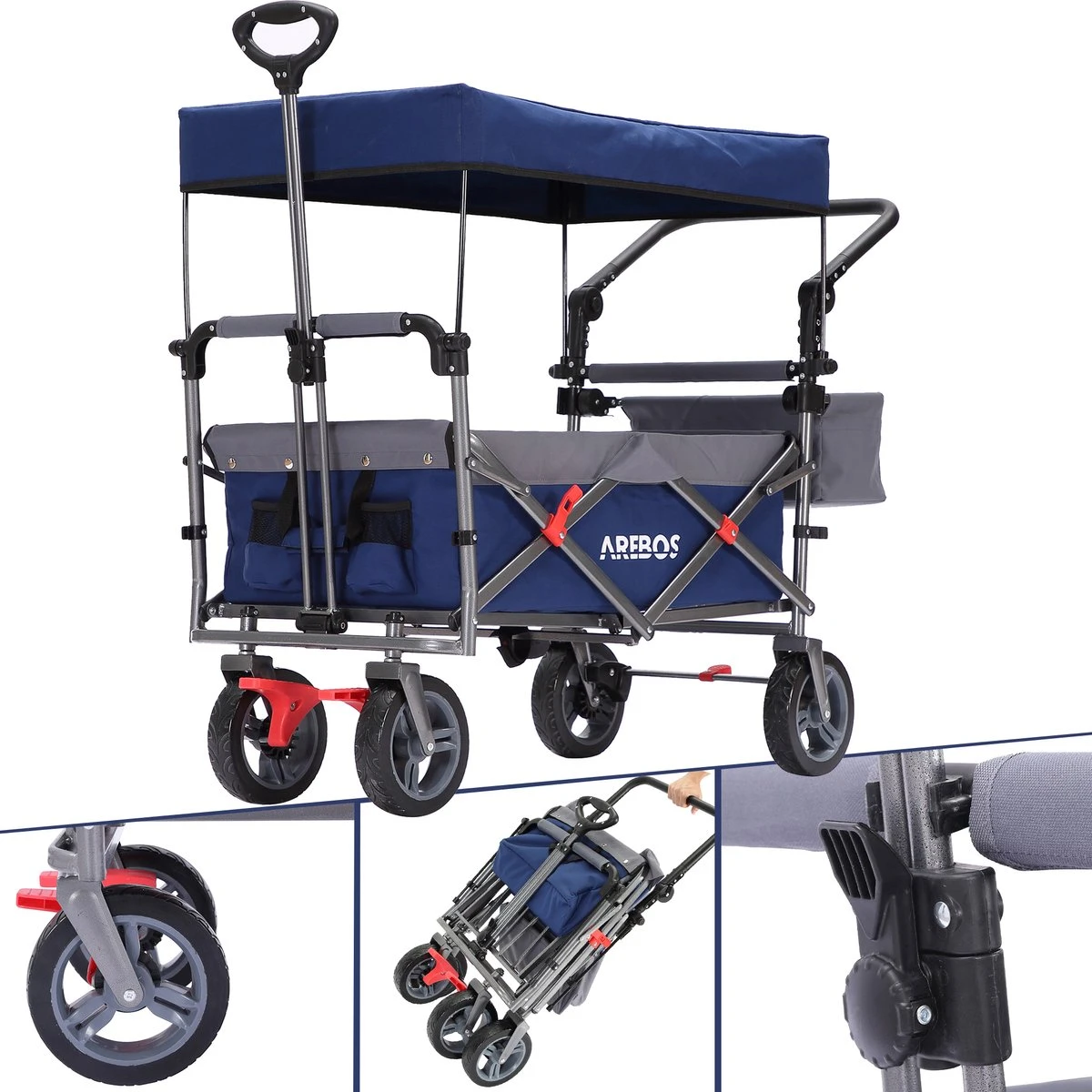 AREBOS Premium Steekwagen Met Dak Opvouwbare Tuinkar Handkar Bolderkar Blauw / Grijs 4 AREBOS Premium Steekwagen Met Dak Opvouwbare Tuinkar Handkar Bolderkar Blauw / Grijs - Afbeelding 2