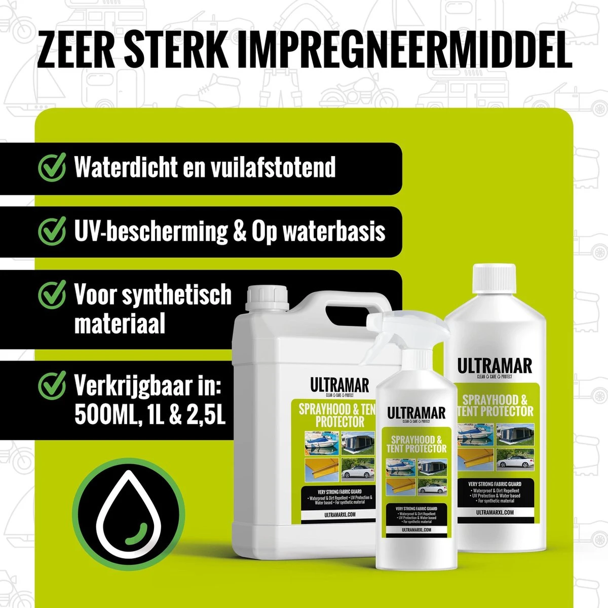 Ultramar - Sprayhood & Tent Protector 1L - Impregneermiddel Voor Bootkap, Tent, Cabriodak - Maakt Waterdicht En Geeft Extra Bescherming 5 Ultramar - Sprayhood & Tent Protector 1L - Impregneermiddel Voor Bootkap, Tent, Cabriodak - Maakt Waterdicht En Geeft Extra Bescherming - Afbeelding 3