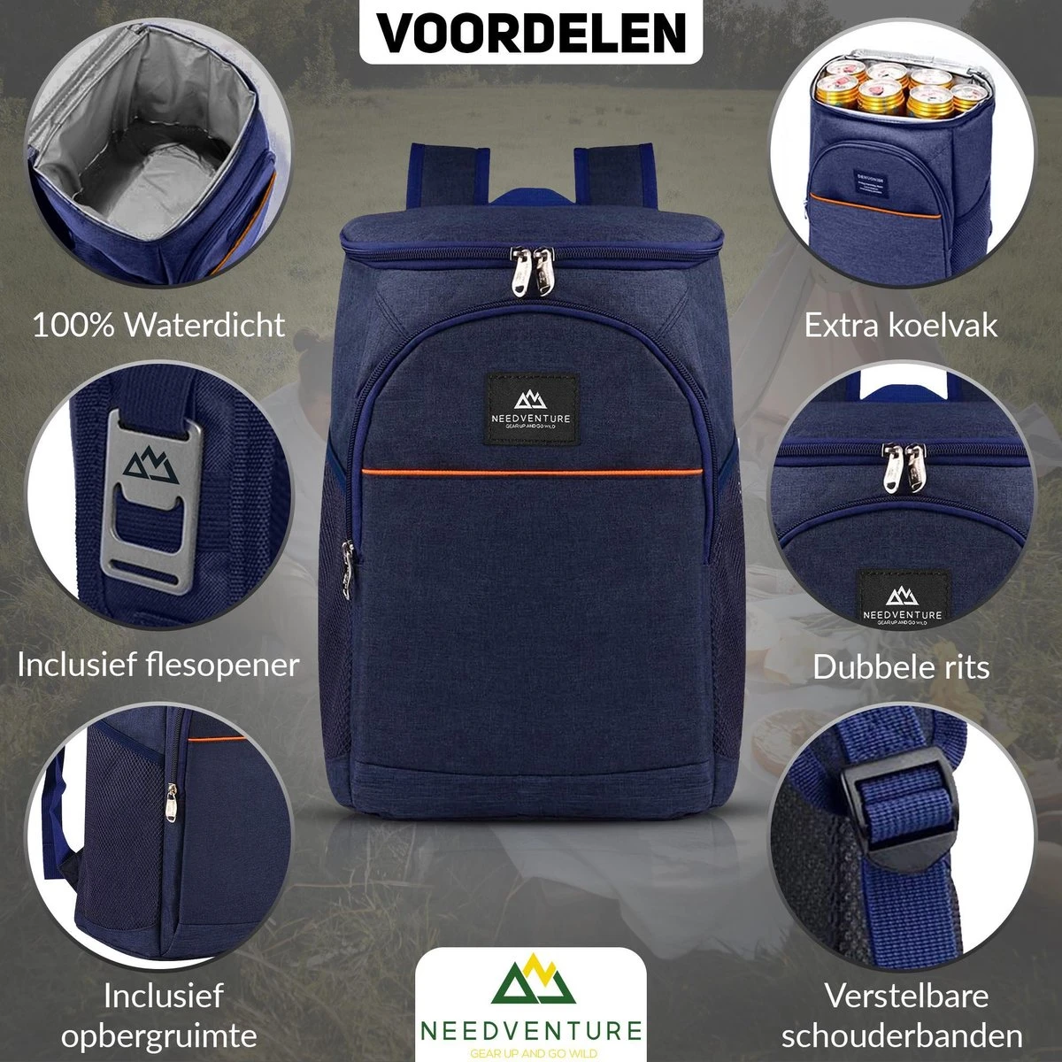 Needventure Koeltas - Lunchtas - Koelrugtas - Picknicktas - 20 Liter - Flessenhouder - Bieropener - Blauw 7 Needventure Koeltas - Lunchtas - Koelrugtas - Picknicktas - 20 Liter - Flessenhouder - Bieropener - Blauw - Afbeelding 5