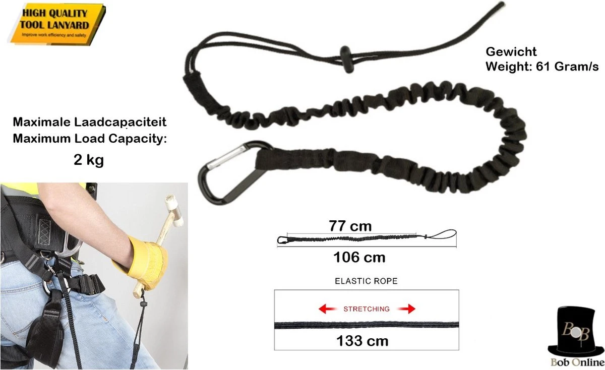 Bob Online ™ - 1 Stuk – Zwart – Gereedschaplijn – Gereedschaplanyard – Elasticate Tool Lanyard – Maximum Load Capacity 2 Kg – Elastisch Gereedschap Lanyard – Gereedschap Valbeveiliging Koord 6 Bob Online ™ - 1 Stuk – Zwart – Gereedschaplijn – Gereedschaplanyard – Elasticate Tool Lanyard – Maximum Load Capacity 2 Kg – Elastisch Gereedschap Lanyard – Gereedschap Valbeveiliging Koord - Afbeelding 4